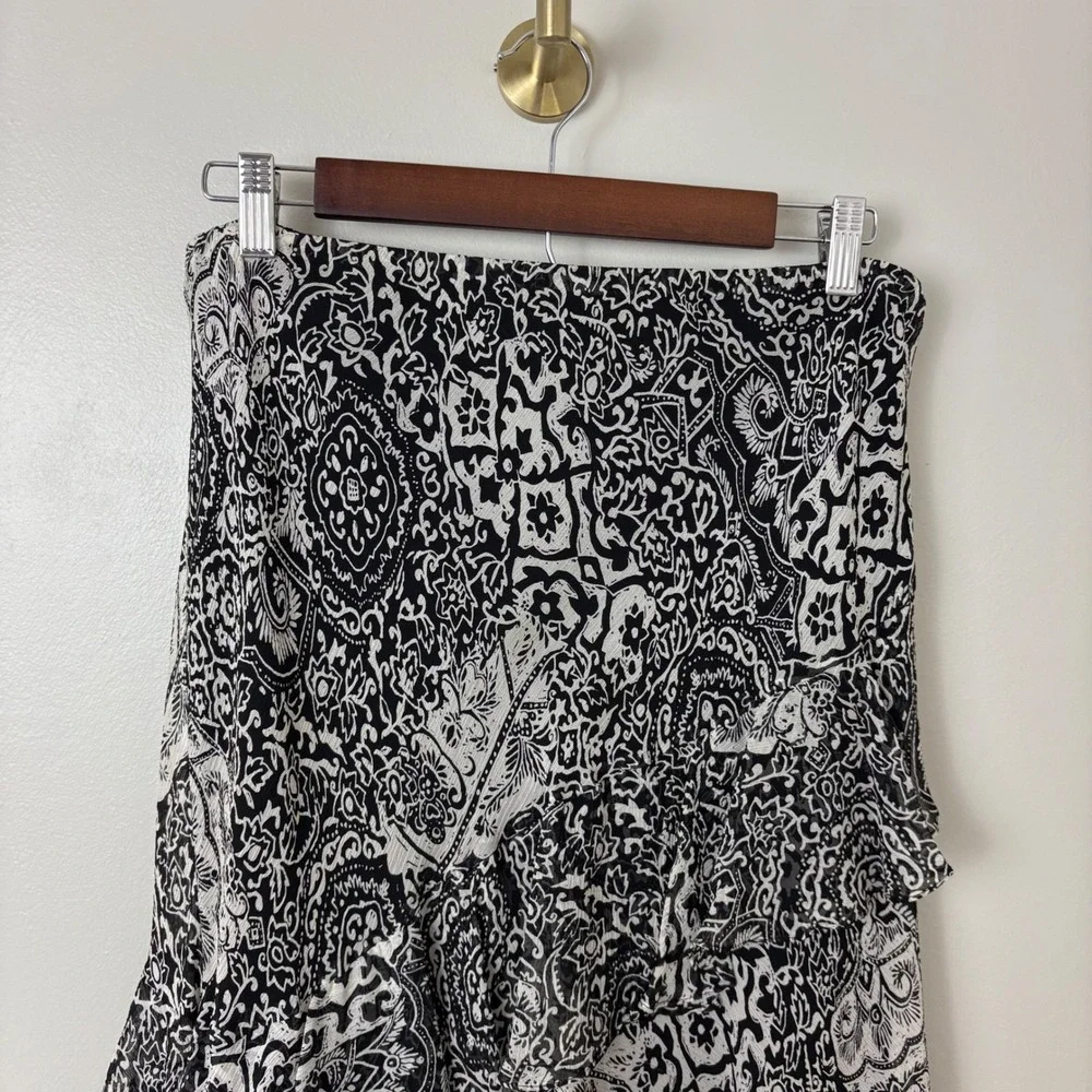 Lauren Ralph Lauren Silk Black‎ Beige Skirt Flowy Dark Fairy Tiered Vintage Sz M